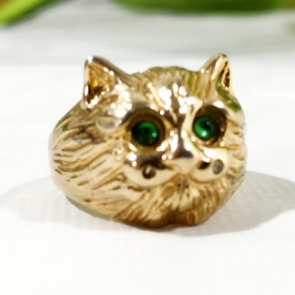 Vintage 18kt Cat Ring w/Emerald Eyes - Picture 4 of 5